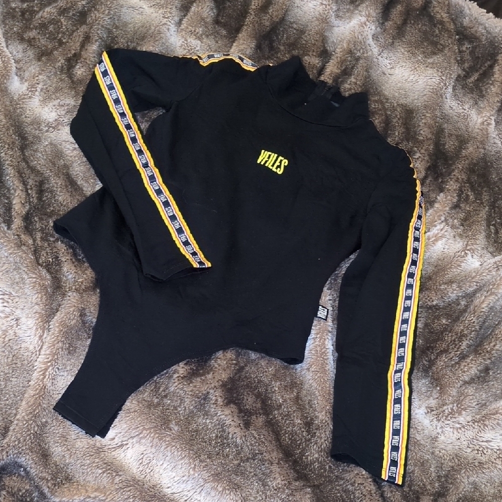 Black Long-Sleeve Bodysuit with Yellow Stripe Detail